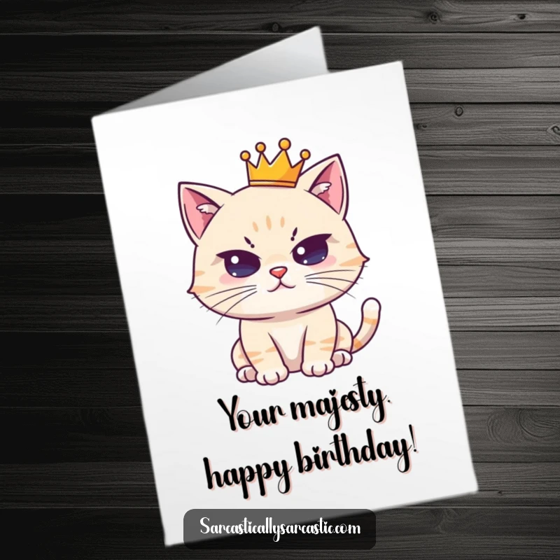 Funny Free Printable Birthday Card: A cute cat queen wearing a tiny crown stares deadpan, demanding cake.