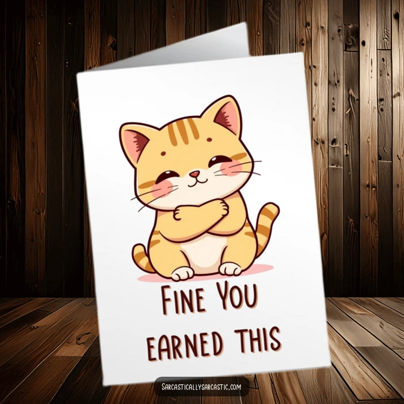 Funny Free Printable Congratulations Card: A kawaii cat with crossed arms and a tiny pout, looking unimpressed but secretly happy.