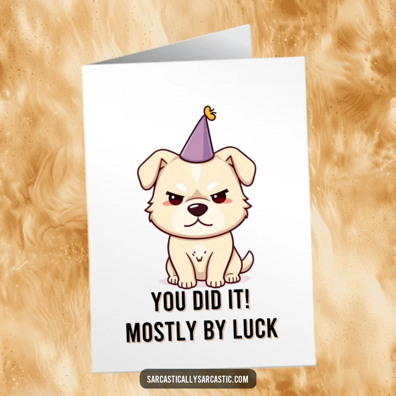 Funny Free Printable Congratulations Card: Sarcastic dog with a party hat, giving a side-eye smirk of congrats.