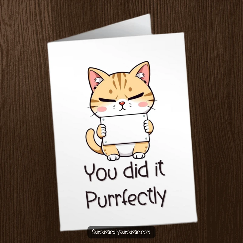 Funny Free Printable Congratulations Card showing a smirking cat with narrowed eyes giving subtle approval, ideal for any achievement.