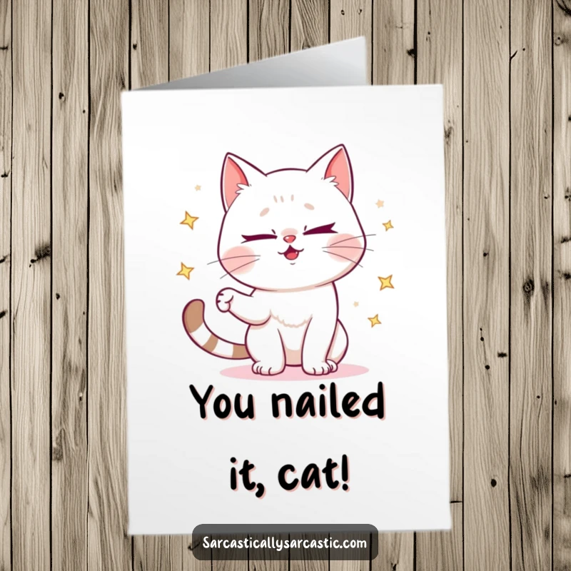 Free Printable Congratulations Card: A mischievous cat winks while juggling bright, sparkling items.