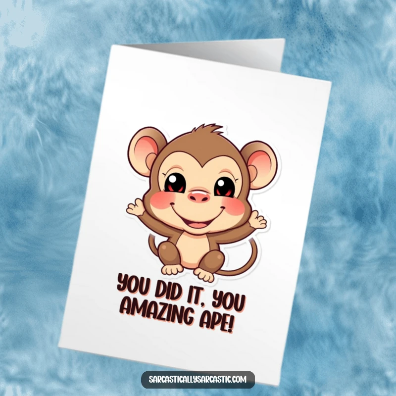 Funny Free Printable Congratulations Card featuring a monkey character making a cheeky, funny face, celebrating success with a playful grin.