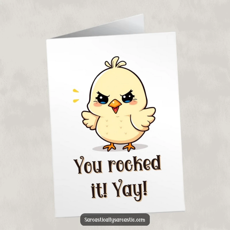Free Printable Congratulations Card featuring a cheerful bird character delivering a sarcastic chirp of success.