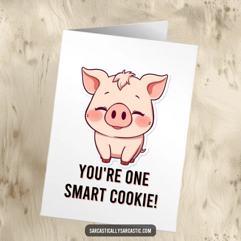 Funny Free Printable Congratulations Card: Pig character with a knowing smile and subtle head nod, celebrating a successful, clever achievement.
