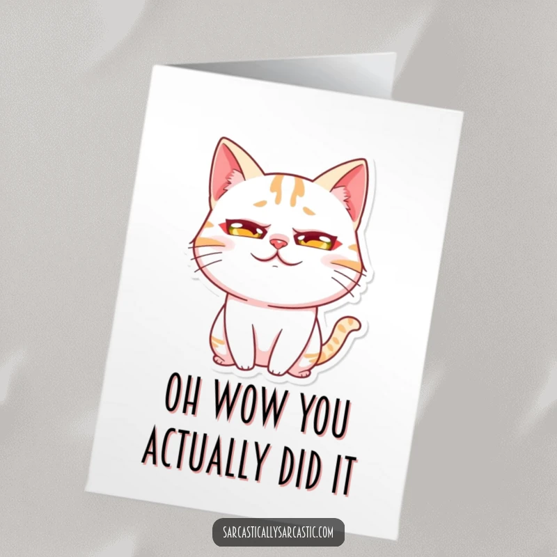 Free Printable Congratulations Card with a kawaii cat character giving an exaggerated rolling eye expression to celebrate.