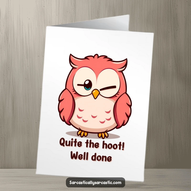 Funny Free Printable Congratulations Card: Cheerful owl with one eye closed, looking knowingly at your success.
