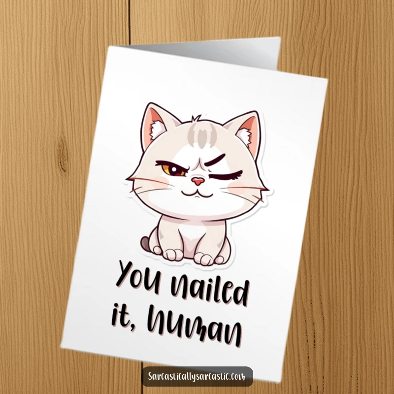 Funny Free Printable Congratulations Card: A cat character smirks with one eyebrow dramatically raised, celebrating victory with playful arrogance.