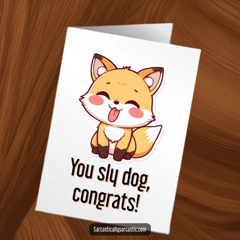Funny Free Printable Congratulations Card with a kawaii fox sticking its tongue out playfully, embodying cheerful mischief.