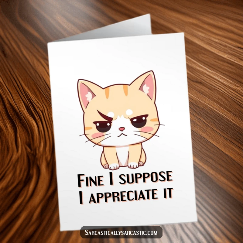Funny Free Printable Thank You Card featuring a cat character with a skeptical, raised eyebrow, conveying a begrudging thank you.