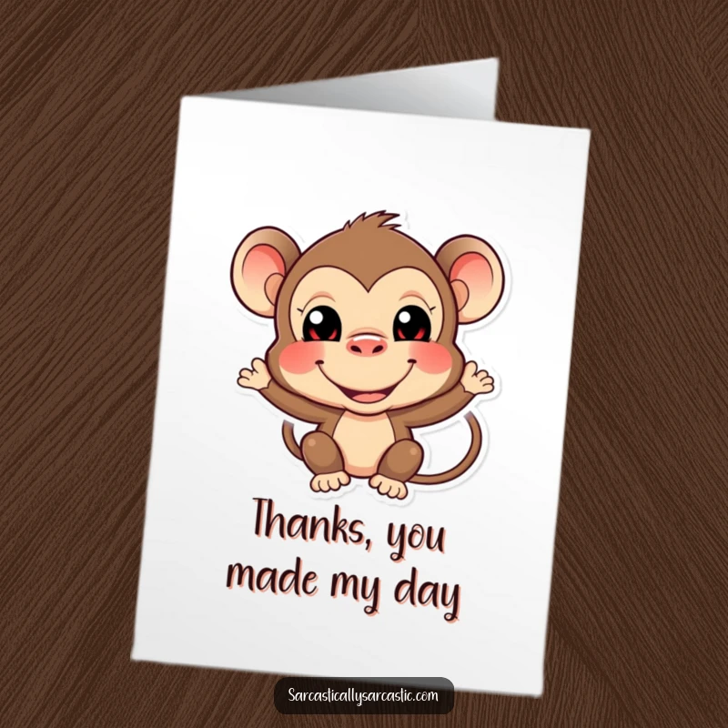 Funny Free Printable Thank You Card with a playful monkey character making a silly face, expressing gratitude with a humorous touch.