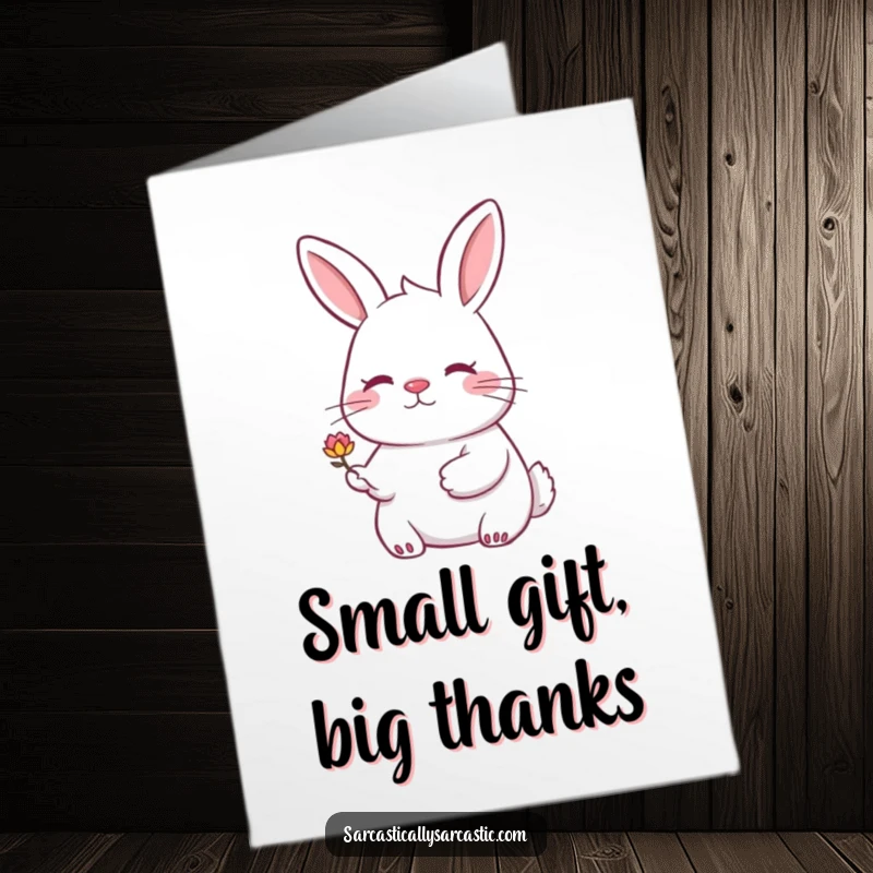 Funny Free Printable Thank You Card: a rabbit with a knowing smile offers a drooping flower, a sweetly amusing thank you.