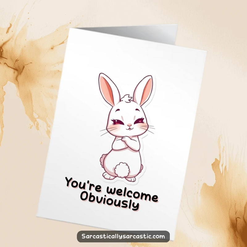 Funny Free Printable Thank You Card with a rabbit character leaning back with a knowing smirk, conveying thanks with a touch of mischief.
