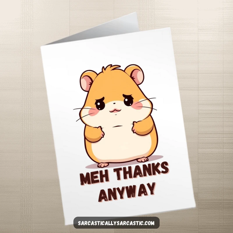 Funny Free Printable Thank You Card: Kawaii hamster shrugging with a deadpan expression, a humorous thank you.