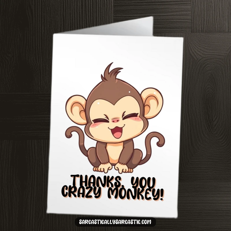 Free Printable Thank You Card with a kawaii monkey character looking upwards with eyes dramatically rolled back in a playful, exasperated manner.