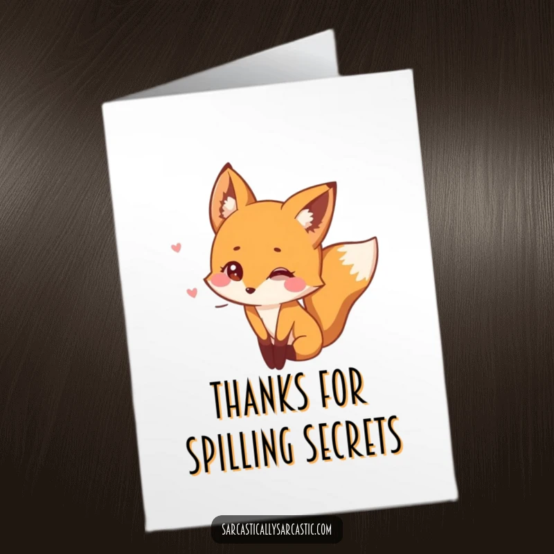 Funny Free Printable Thank You Card: Fox with twinkling eyes whispering a secret, conveying thanks with playful intrigue.