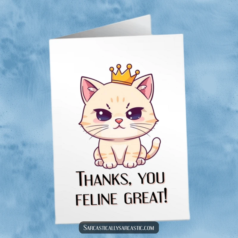Funny Free Printable Thank You Card: A cute cat wearing a tiny crown gives a deadpan stare of thanks.