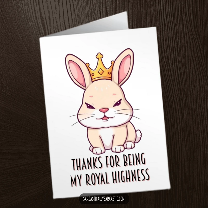 Funny Free Printable Thank You Card: Sly rabbit wearing a tiny crown, offering thanks with a cheeky, regal grin.