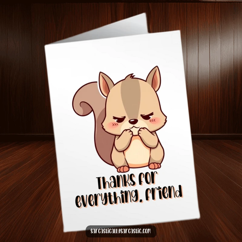 Funny Free Printable Thank You Card: Kawaii squirrel with cheeks held, conveying mild annoyance, great for understated thanks.