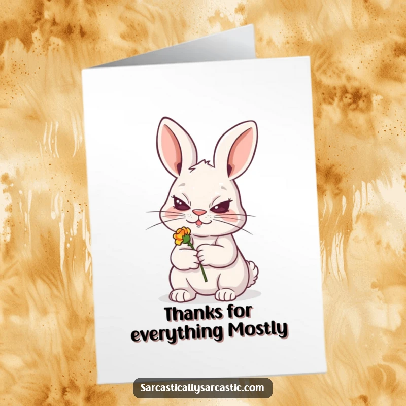 Funny Free Printable Thank You Card: Rabbit with a sly grin, holding a tiny, wilted flower, saying thanks.