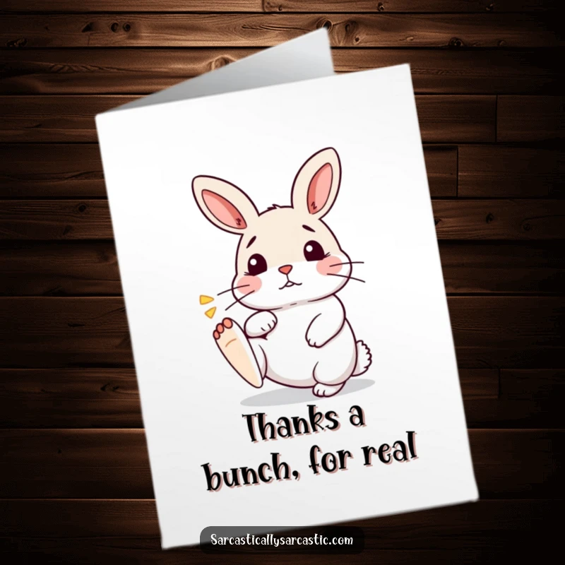Funny Free Printable Thank You Card: Impatient kawaii rabbit tapping its foot, humorously showing thanks.