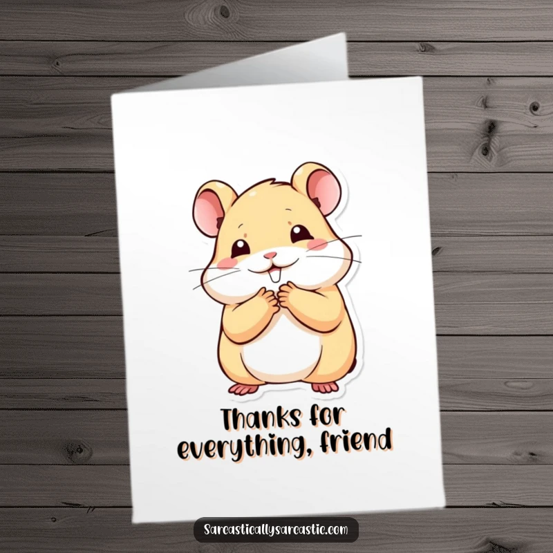 Funny Free Printable Thank You Card: A kawaii hamster peeks from behind its paw, suppressing a delighted smile of thanks.