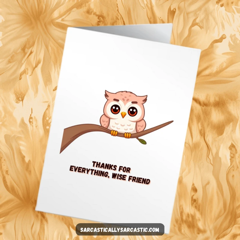 Funny Free Printable Thank You Card featuring a curious owl character peering from behind a branch, expressing thanks with quiet wisdom.
