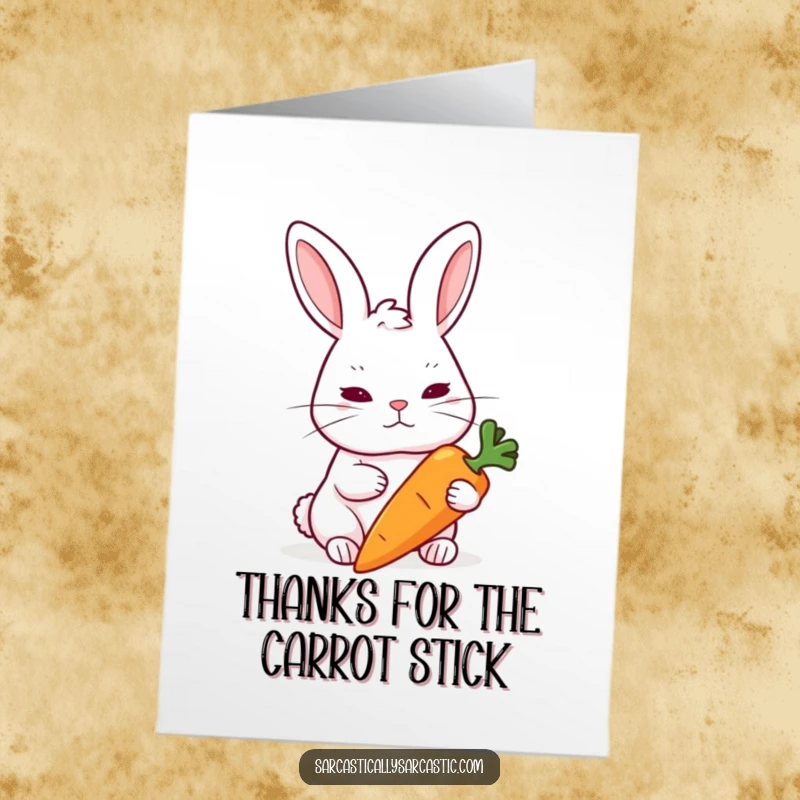 Funny Free Printable Thank You Card showing a rabbit raising its eyebrow skeptically at a carrot.