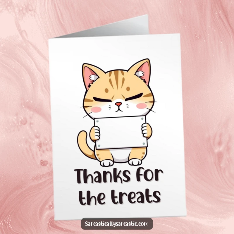 Funny Free Printable Thank You Card with a smirking cat holding a tiny sign, expressing thanks with a subtle, humorous air.