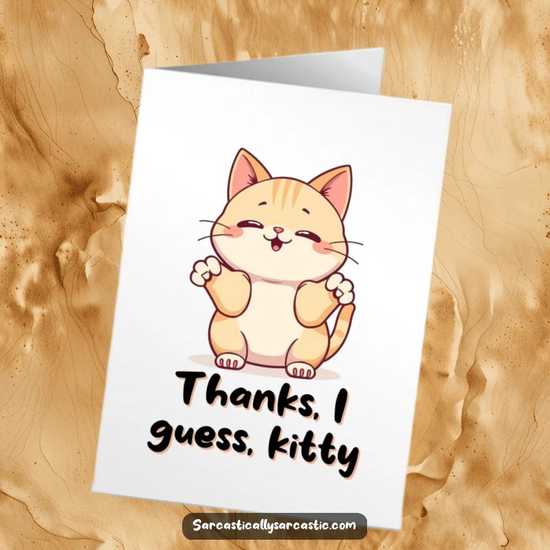 Funny Free Printable Thank You Card: Kawaii cat shrugging with its front paws, giving a nonchalant yet thankful gesture.