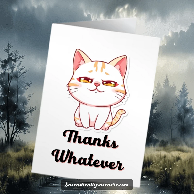 Funny Free Printable Thank You Card featuring a kawaii cat character with comically rolled eyes, expressing thanks with disdain.