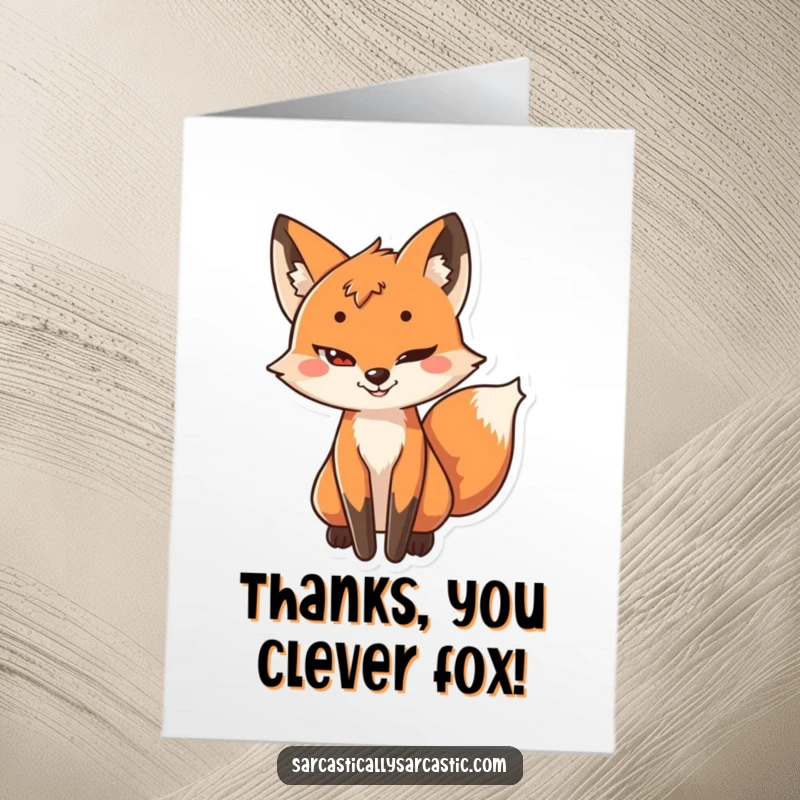 Funny Free Printable Thank You Card of a playful fox character with a sly grin and its tail wagging subtly, conveying witty gratitude.