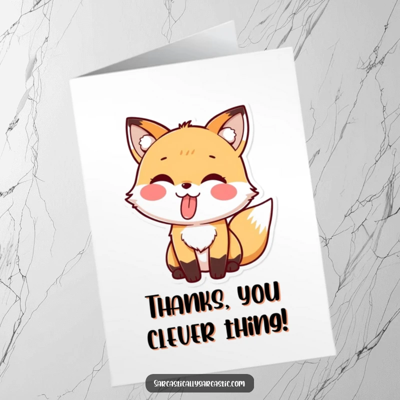 Free Printable Thank You Card featuring a kawaii fox character's head tilted, tongue peeking out in a friendly, playful manner.