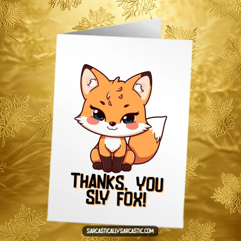 Free Printable thank you card featuring a sly fox with a cheeky grin and wagging tail, offering thanks.