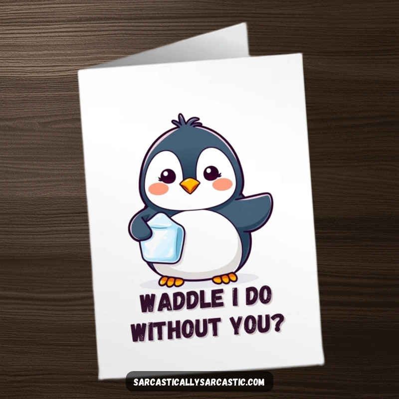 Free Printable Thank You Card featuring a kawaii penguin holding one ice cube, with a tiny, sly smirk on its face.