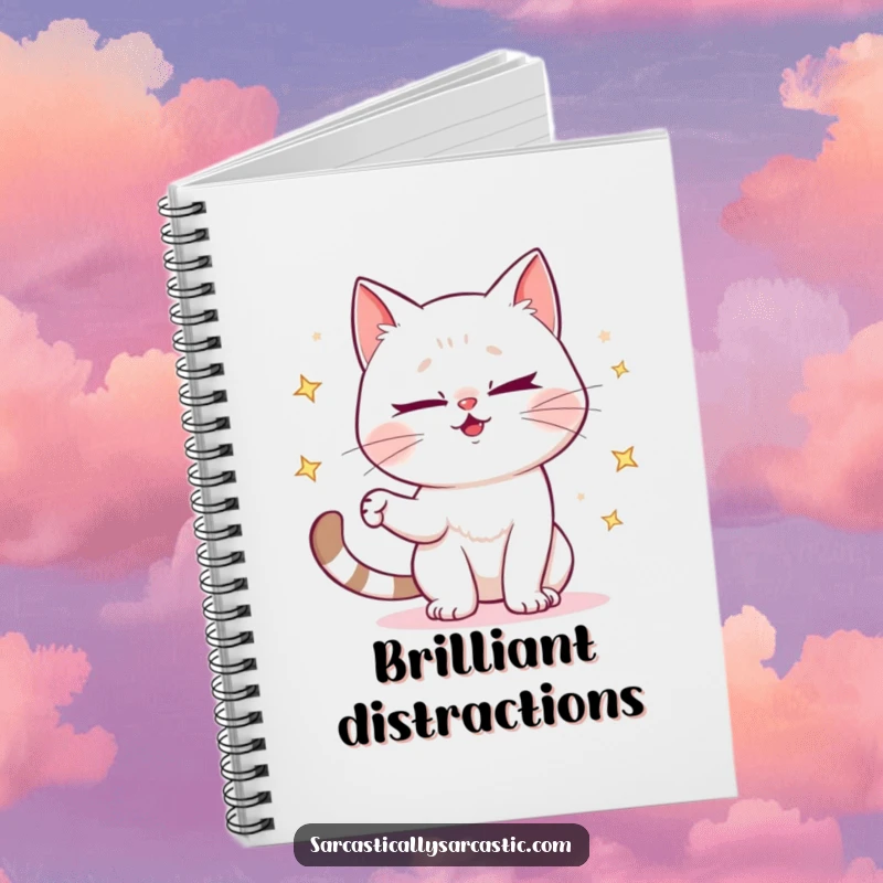 Funny notebook featuring a mischievous cat winking and juggling sparkly objects, perfect for notes & journaling.