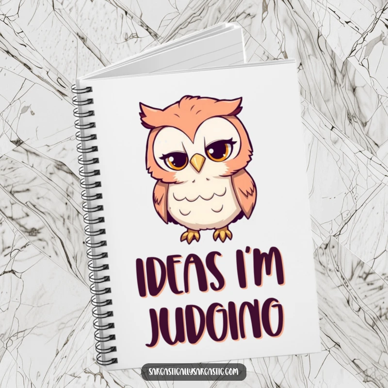 Funny notebook with a curious owl's sarcastic head tilt, ideal for jotting down witty thoughts and ideas.