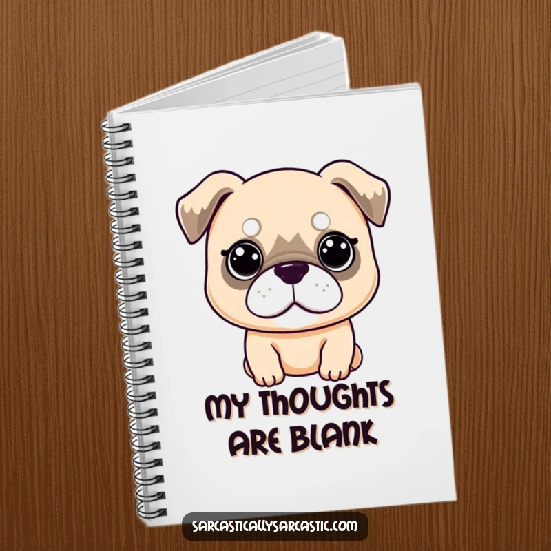Funny Notebook: Kawaii dog with a deadpan expression and droopy ears, perfect for jotting down notes with a humorous lack of enthusiasm, a great funny gift.