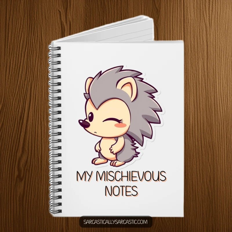 Funny notebook cover with a hedgehog character looking sideways with a smirk, representing sly ideas and playful secrets.
