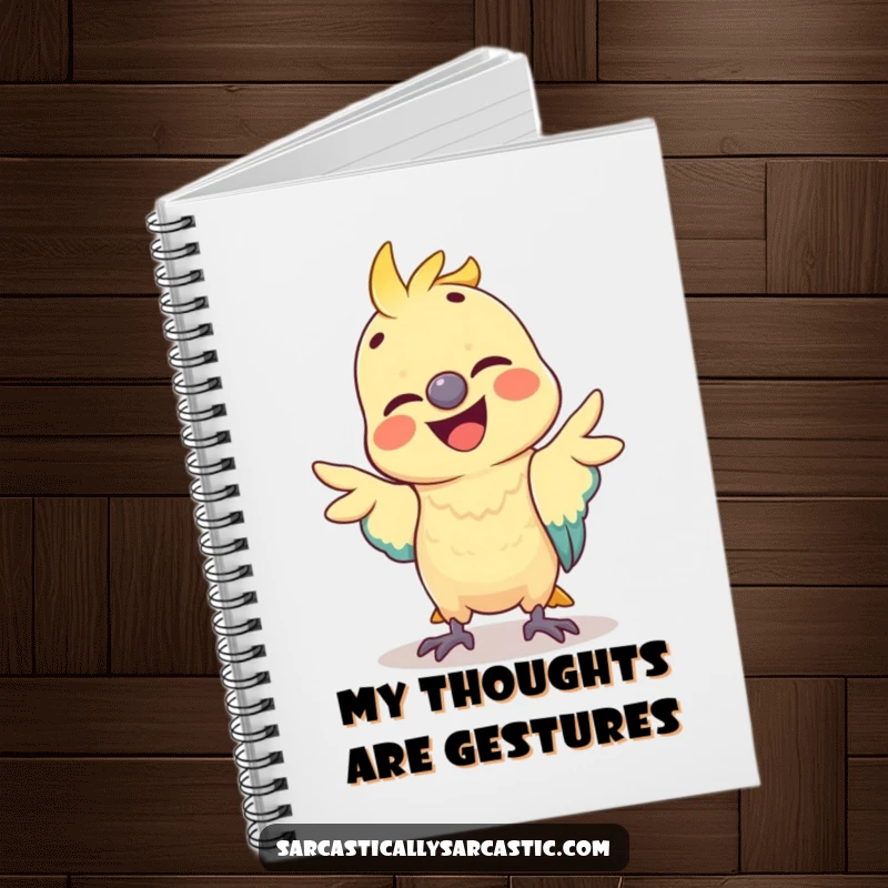 Funny parrot notebook featuring a cheerful bird in a hilarious, mimicked gesture, ideal for capturing notes with a touch of humor.