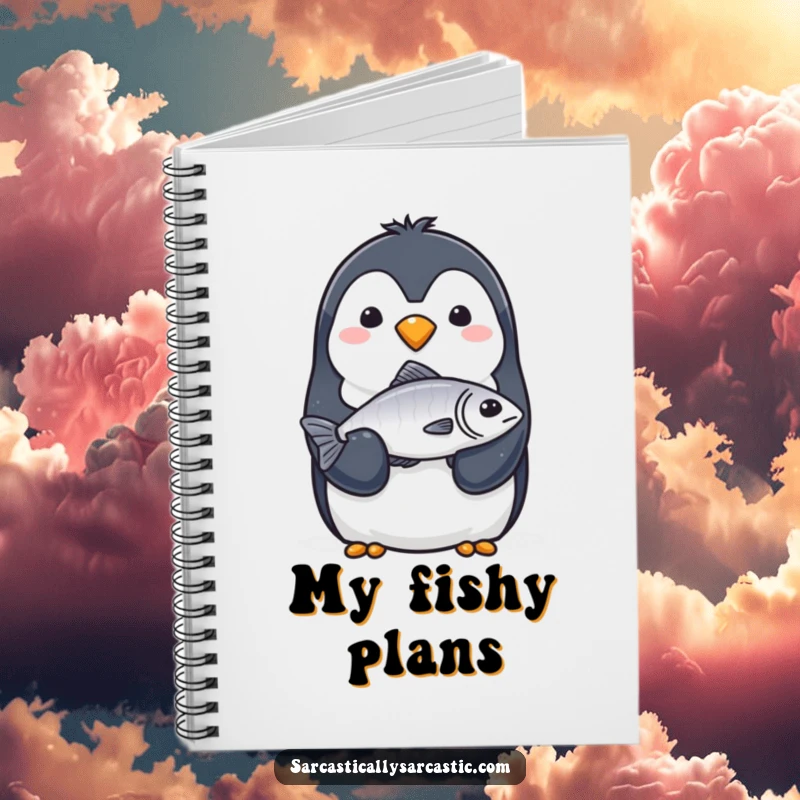 Funny Notebook: A penguin with a completely straight face solemnly offers a single, slightly limp fish with its flipper.