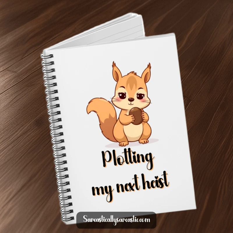 Funny notebook with a skeptical squirrel peeking out, holding a nut and looking wary.