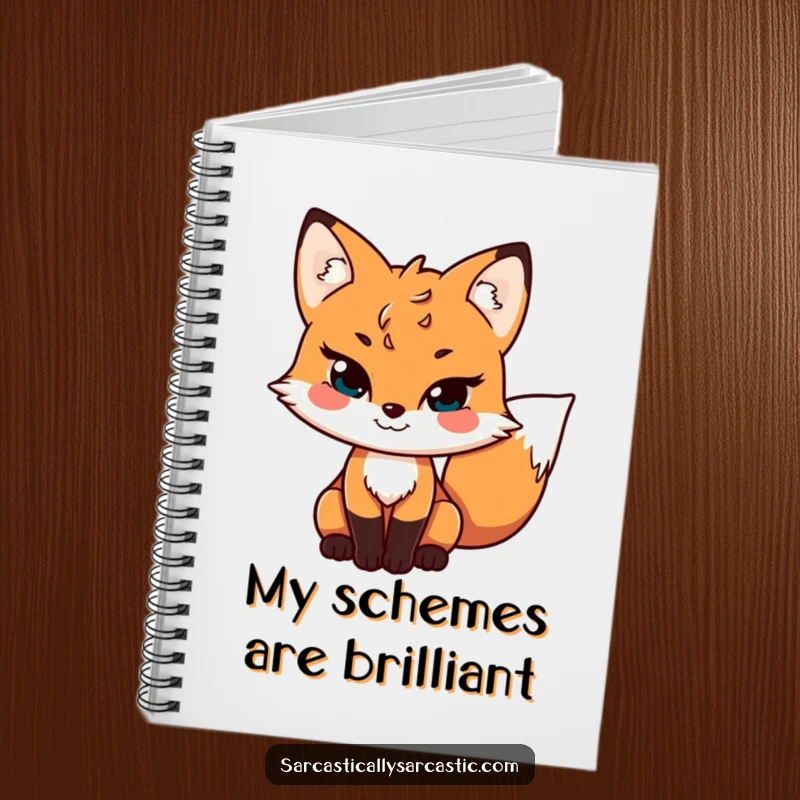 Funny notebook with a sly fox character, mischievous grin, and wagging tail, perfect for jotting notes, journaling, or planning with wit.