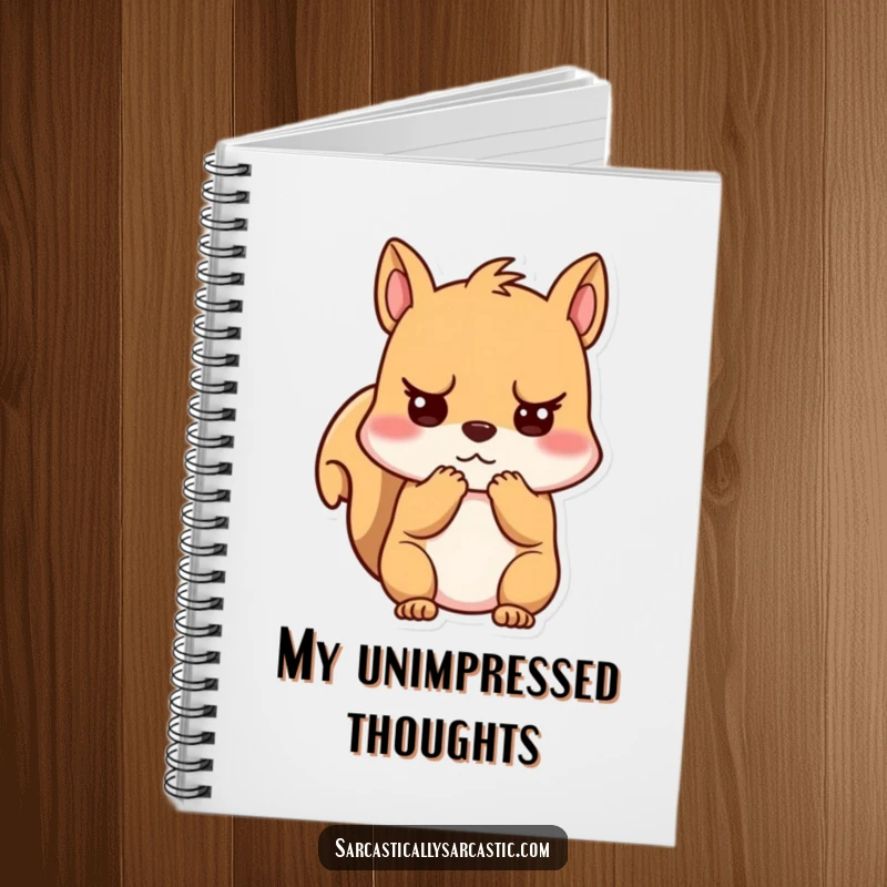 Funny unimpressed kawaii squirrel notebook, character clutching cheeks with a unimpressed expression, perfect for notes and journaling.
