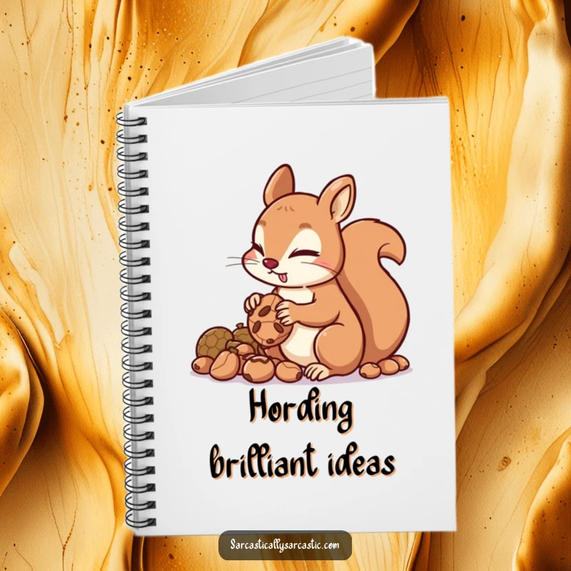 Funny squirrel notebook featuring a mischievous character hoarding nuts, ideal for capturing plans and ideas with a touch of humor.