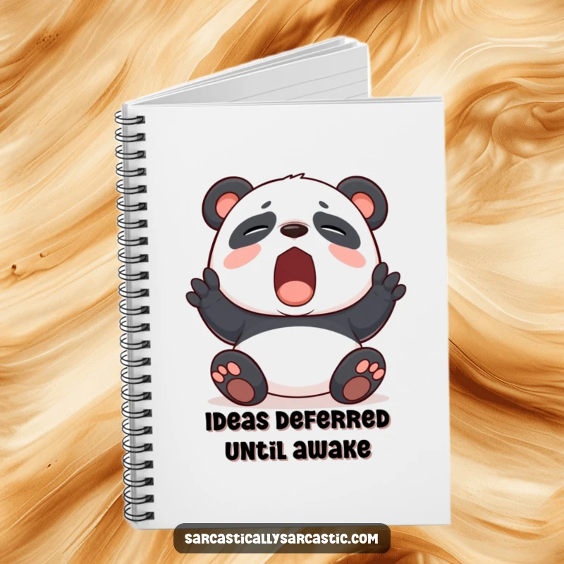 Funny panda yawning on a notebook cover, inspiring creative thoughts and amusing doodles with a touch of feigned boredom.