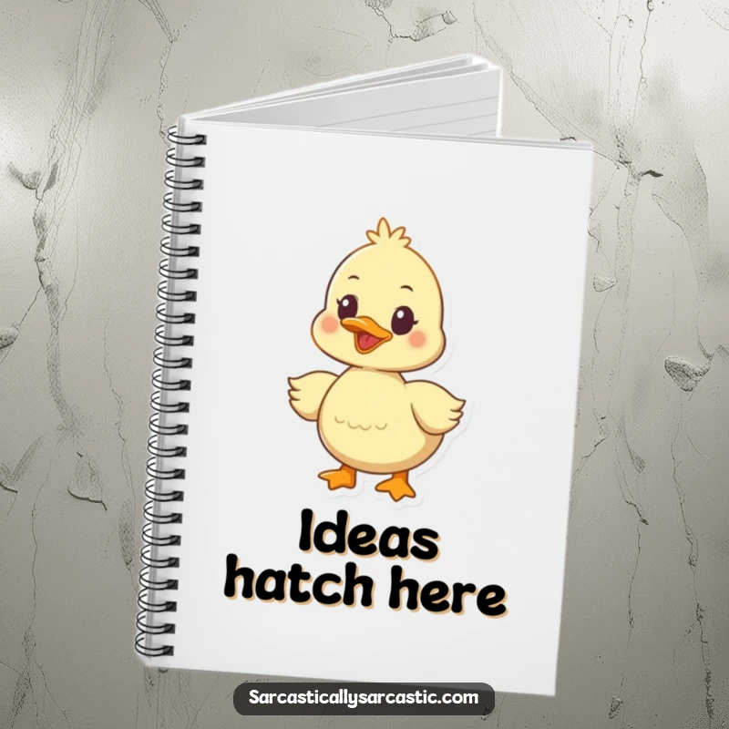 Funny duckling notebook with a happy, quacking character giving a wise, knowing glance, ready for notes and ideas.
