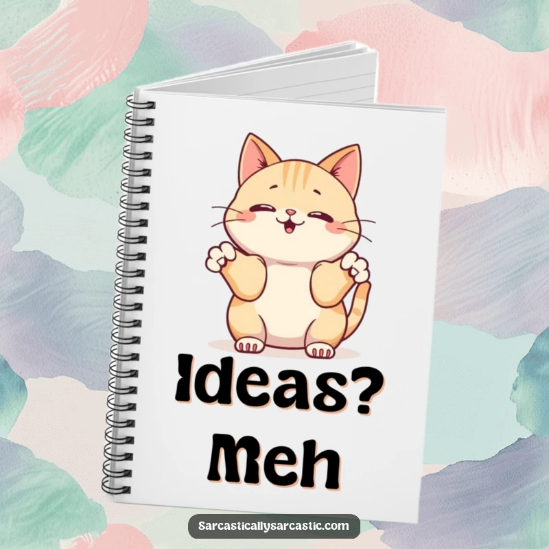Funny notebook cover with a kawaii cat innocently shrugging its front paws, for jotting down casual thoughts.
