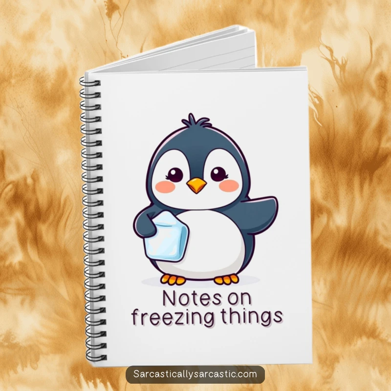 Funny notebook cover showing a kawaii penguin with a tiny smirk, holding a single ice cube.