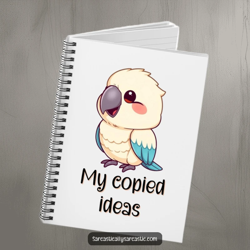 Funny notebook featuring a parrot mimicking a smirk with its beak slightly upturned, perfect for jotting down sass.