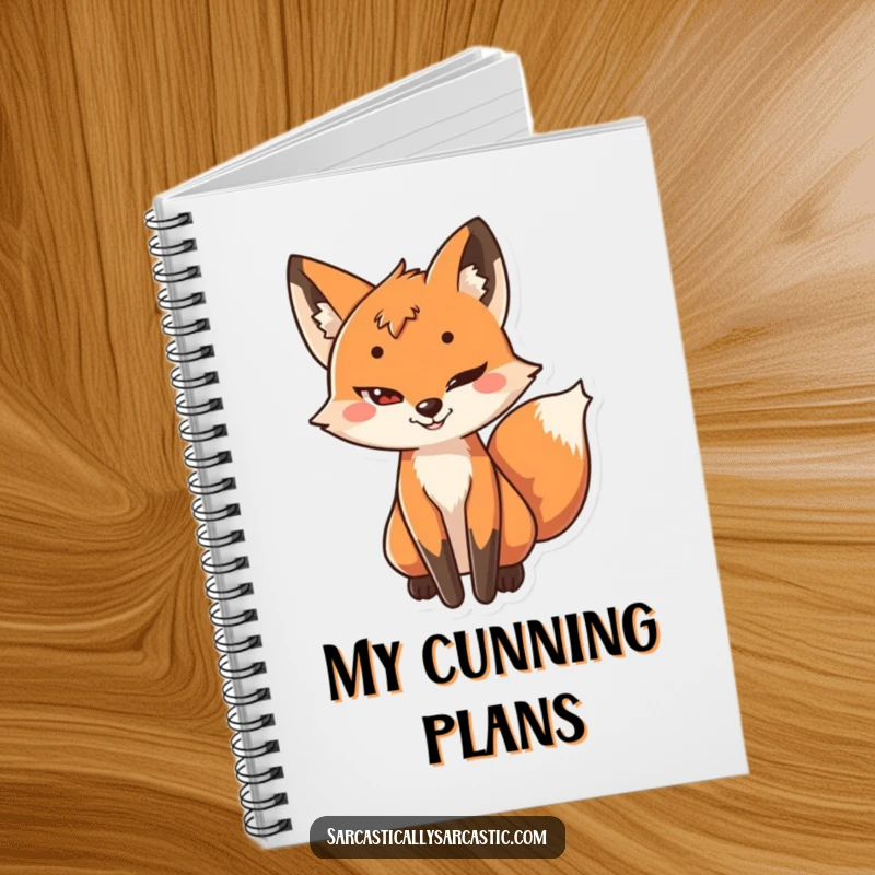 Funny notebook cover featuring a playful fox with a sly grin and its tail subtly wagging, indicating a clever plan.